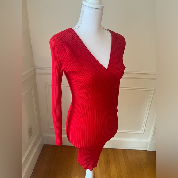 Red Bodycon Knit Wrap Midi Sweater Dress - Picture 2 of 5